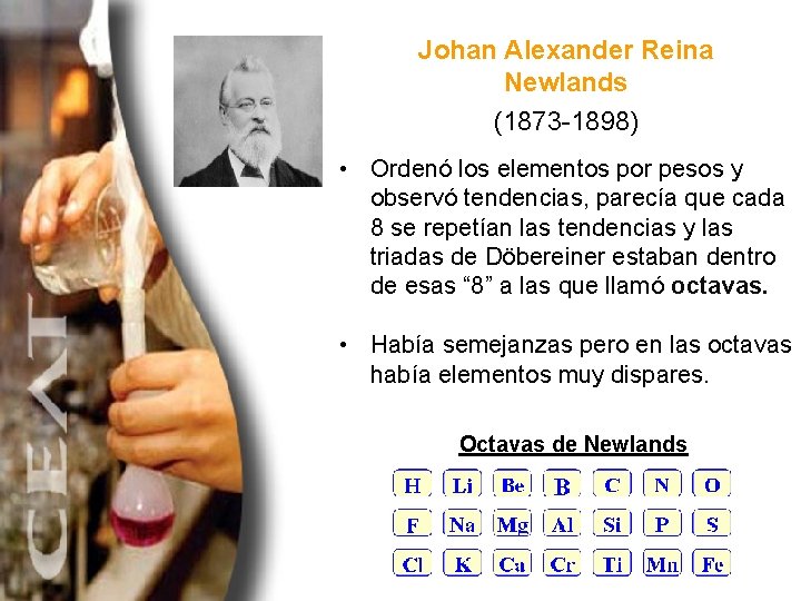 Johan Alexander Reina Newlands (1873 -1898) • Ordenó los elementos por pesos y observó