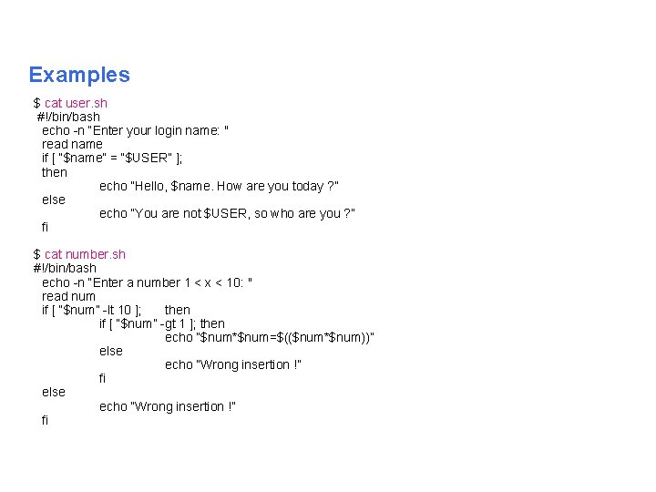 Examples $ cat user. sh #!/bin/bash echo n “Enter your login name: " read