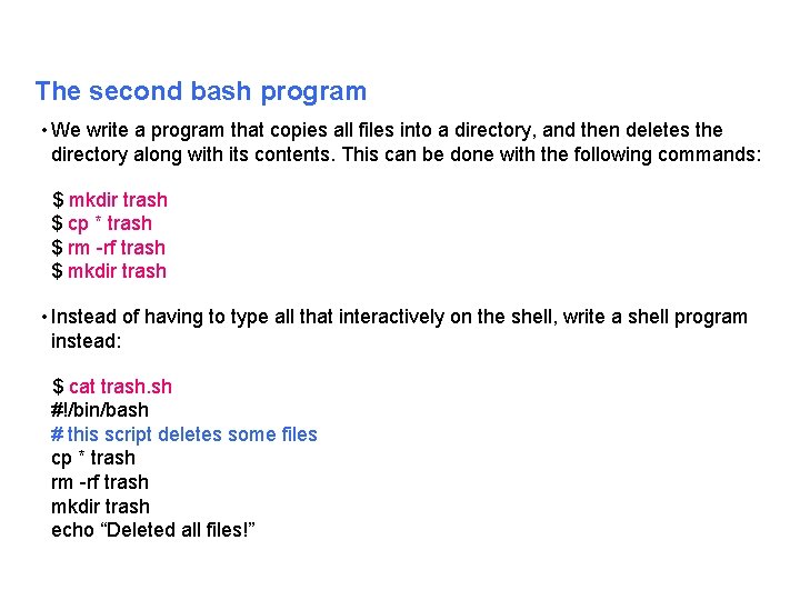 The second bash program • We write a program that copies all files into