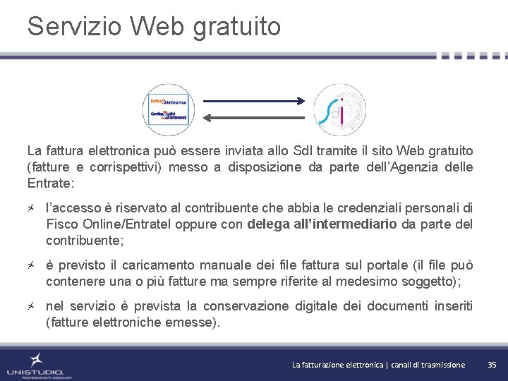 Servizio Web gratuito La fattura elettronica può essere inviata allo Sd. I tramite il