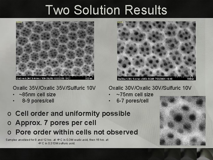 Two Solution Results Oxalic 35 V/Sulfuric 10 V • ~85 nm cell size •