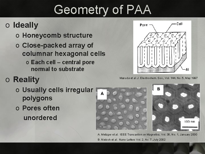 Geometry of PAA o Ideally o Honeycomb structure o Close-packed array of columnar hexagonal