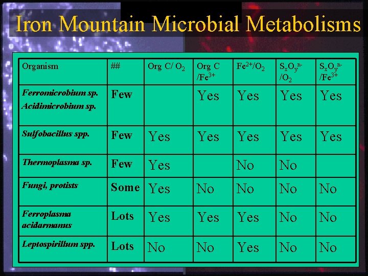 Iron Mountain Microbial Metabolisms Organism ## Org C/ O 2 Org C /Fe 3+