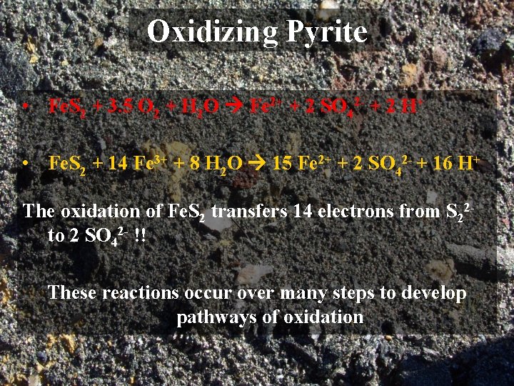 Oxidizing Pyrite • Fe. S 2 + 3. 5 O 2 + H 2