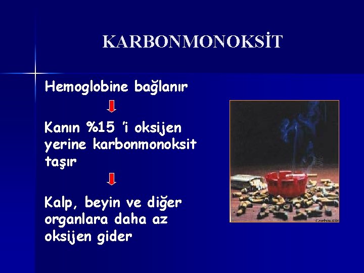 KARBONMONOKSİT Hemoglobine bağlanır Kanın %15 ’i oksijen yerine karbonmonoksit taşır Kalp, beyin ve diğer