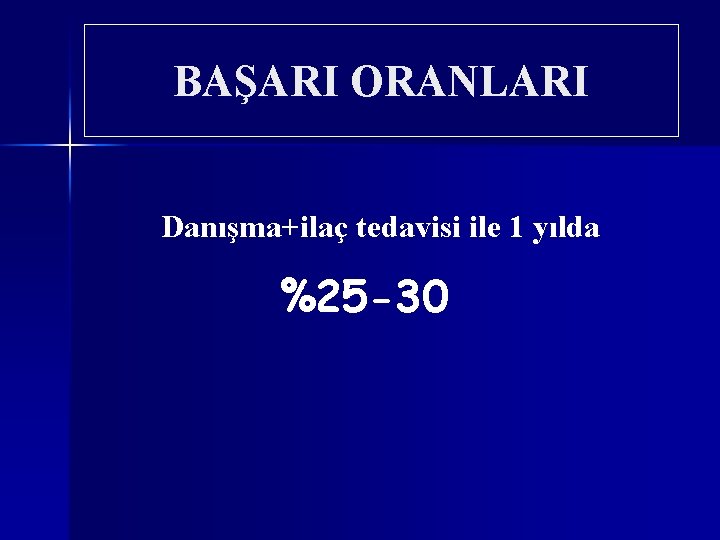 BAŞARI ORANLARI Danışma+ilaç tedavisi ile 1 yılda %25 -30 