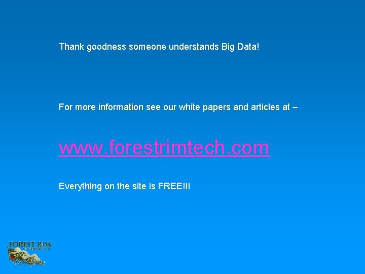 Thank goodness someone understands Big Data! For more information see our white papers and