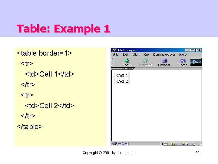 Table: Example 1 <table border=1> <tr> <td>Cell 1</td> </tr> <td>Cell 2</td> </tr> </table> Copyright