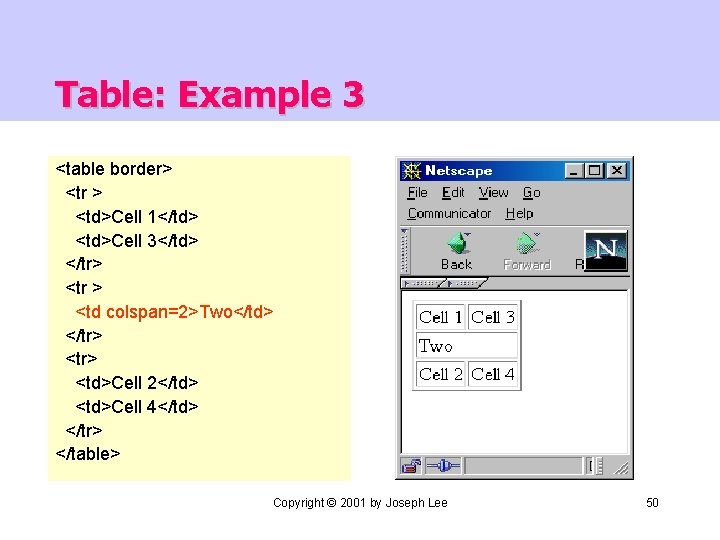 Table: Example 3 <table border> <tr > <td>Cell 1</td> <td>Cell 3</td> </tr> <tr >