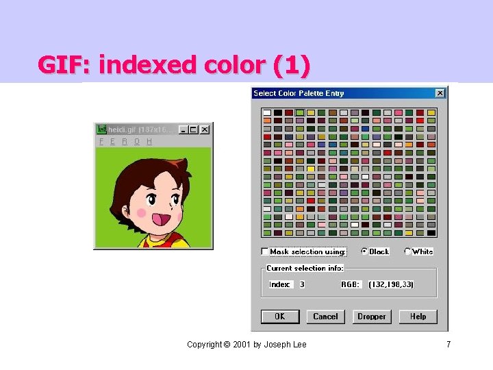GIF: indexed color (1) Copyright © 2001 by Joseph Lee 7 