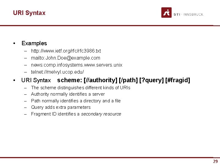 URI Syntax • Examples – – • http: //www. ietf. org/rfc 3986. txt mailto: