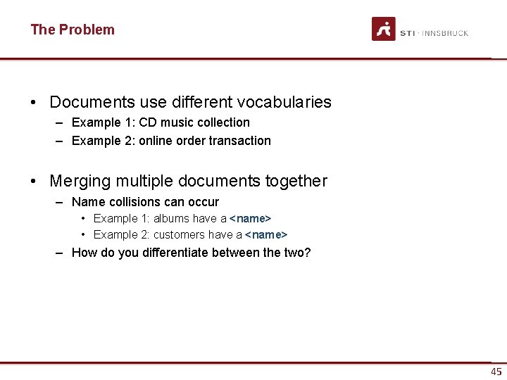 The Problem • Documents use different vocabularies – Example 1: CD music collection –