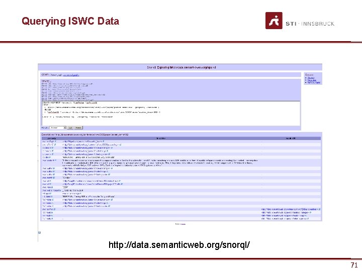 Querying ISWC Data http: //data. semanticweb. org/snorql/ 71 