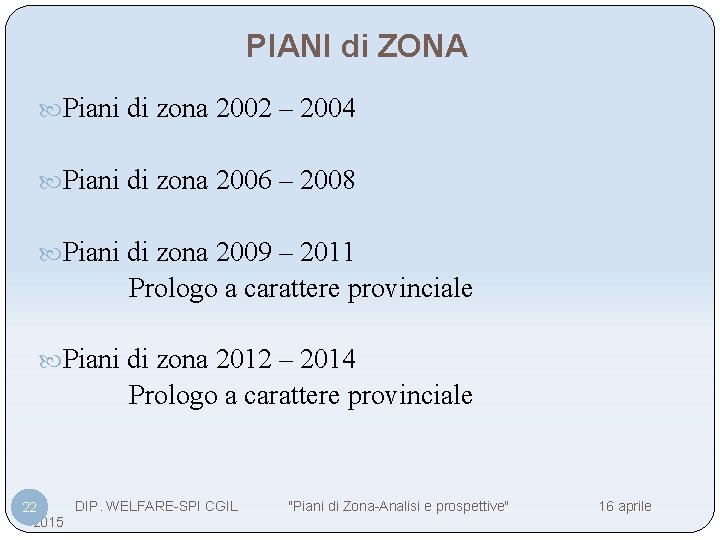 PIANI di ZONA Piani di zona 2002 – 2004 Piani di zona 2006 –