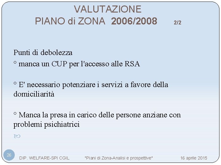 VALUTAZIONE PIANO di ZONA 2006/2008 2/2 Punti di debolezza ° manca un CUP per