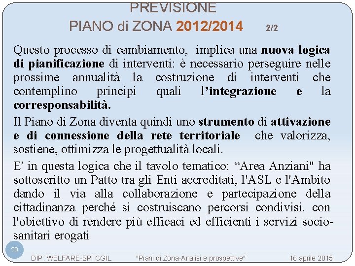 PREVISIONE PIANO di ZONA 2012/2014 2/2 Questo processo di cambiamento, implica una nuova logica