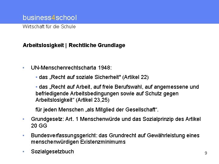 business 4 school Wirtschaft für die Schule Arbeitslosigkeit | Rechtliche Grundlage ▪ UN-Menschenrechtscharta 1948: