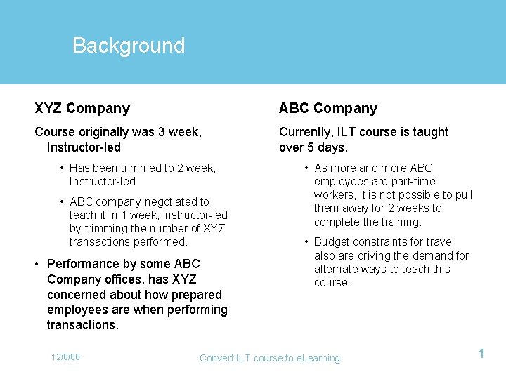 Background XYZ Company ABC Company Course originally was 3 week, Instructor-led Currently, ILT course