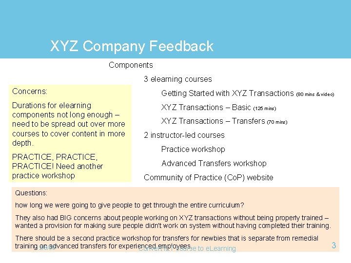 XYZ Company Feedback Components 3 elearning courses Concerns: Getting Started with XYZ Transactions (80