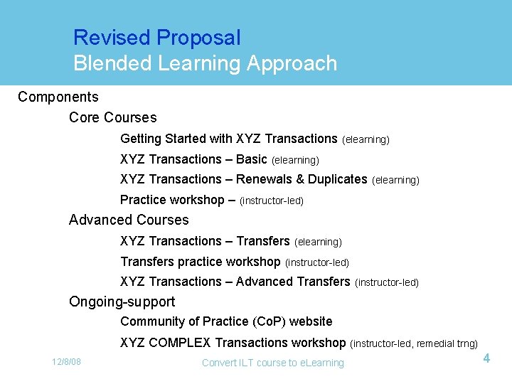 Revised Proposal Blended Learning Approach Components Core Courses Getting Started with XYZ Transactions –