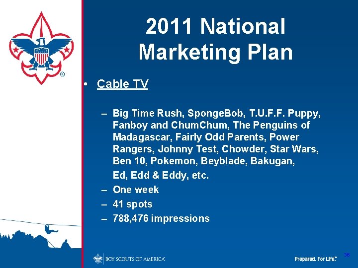 2011 National Marketing Plan • Cable TV – Big Time Rush, Sponge. Bob, T.