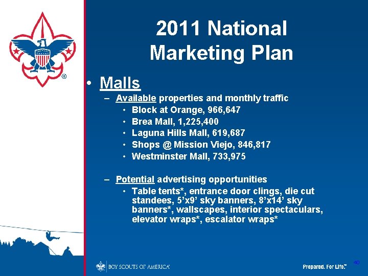 2011 National Marketing Plan • Malls – Available properties and monthly traffic • Block