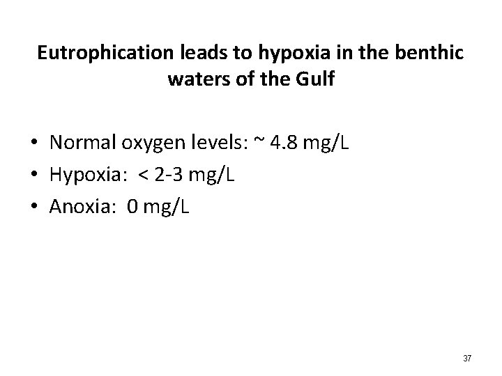 Eutrophication leads to hypoxia in the benthic waters of the Gulf • Normal oxygen