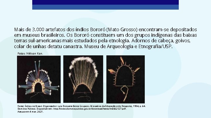 Mais de 3. 000 artefatos dos índios Bororó (Mato Grosso) encontram-se depositados em museus