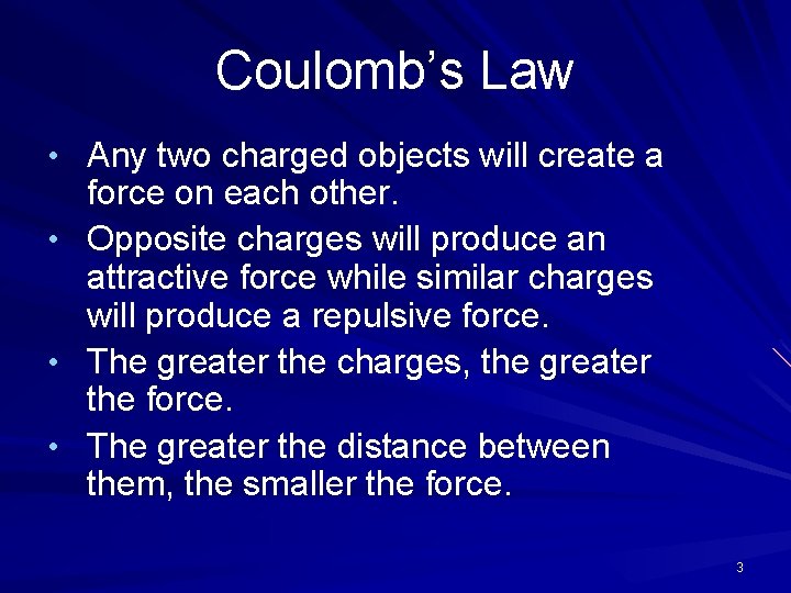 Coulomb’s Law • Any two charged objects will create a • • • force