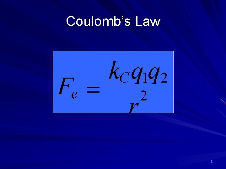 Coulomb’s Law k. C q 1 q 2 Fe = 2 r 4 