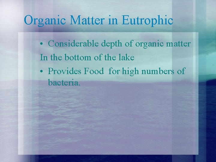 Organic Matter in Eutrophic • Considerable depth of organic matter In the bottom of