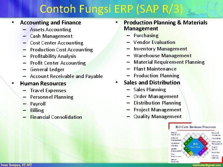 Contoh Fungsi ERP (SAP R/3) • Accounting and Finance – – – – Assets