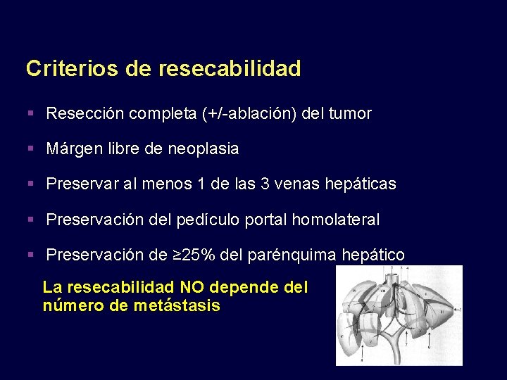 Criterios de resecabilidad Resección completa (+/-ablación) del tumor Márgen libre de neoplasia Preservar al