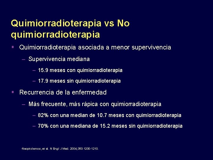 Quimiorradioterapia vs No quimiorradioterapia Quimiorradioterapia asociada a menor supervivencia – Supervivencia mediana – 15.