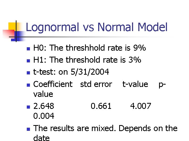 Lognormal vs Normal Model n n n H 0: The threshhold rate is 9%