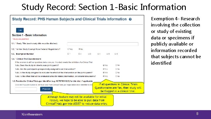 Study Record: Section 1 -Basic Information Exemption 4 - Research involving the collection or