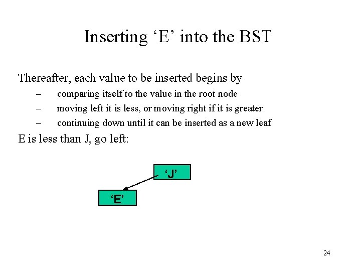 Inserting ‘E’ into the BST Thereafter, each value to be inserted begins by –