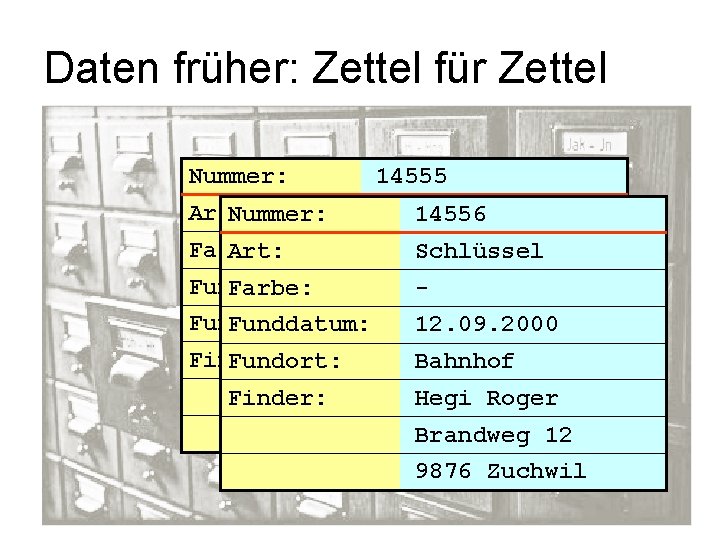 Daten früher: Zettel für Zettel Nummer: 14555 Art: Nummer: Farbe: Art: Schlüssel 14556 -