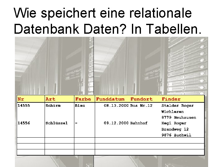 Wie speichert eine relationale Datenbank Daten? In Tabellen. 