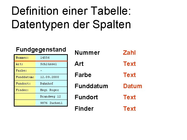 Definition einer Tabelle: Datentypen der Spalten Fundgegenstand Nummer: 14556 Art: Schlüssel Farbe: - Funddatum: