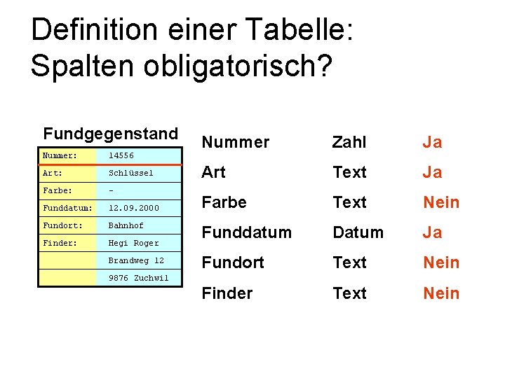 Definition einer Tabelle: Spalten obligatorisch? Fundgegenstand Nummer: 14556 Art: Schlüssel Farbe: - Funddatum: 12.