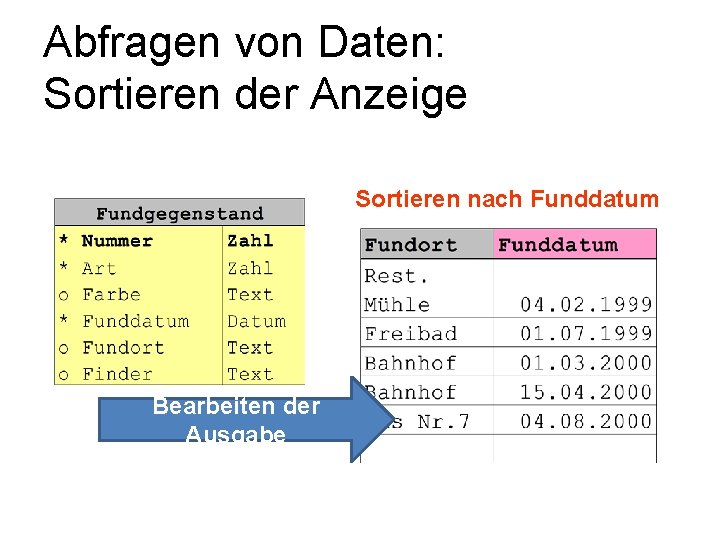 Abfragen von Daten: Sortieren der Anzeige Sortieren nach Funddatum Bearbeiten der Ausgabe 