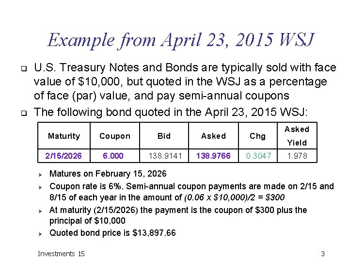 Example from April 23, 2015 WSJ q q U. S. Treasury Notes and Bonds