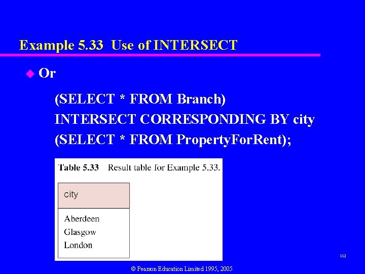 Example 5. 33 Use of INTERSECT u Or (SELECT * FROM Branch) INTERSECT CORRESPONDING
