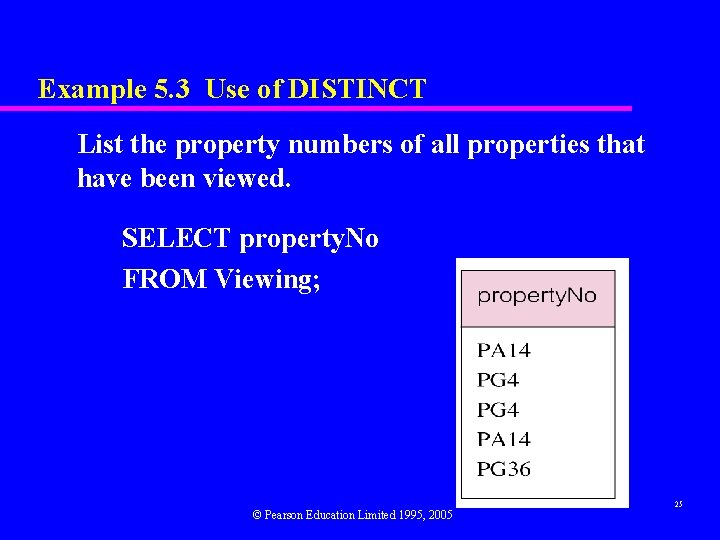 Example 5. 3 Use of DISTINCT List the property numbers of all properties that