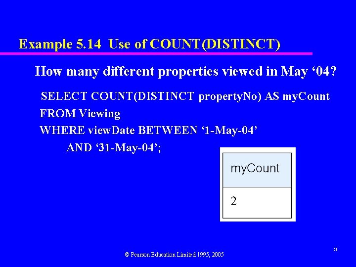 Example 5. 14 Use of COUNT(DISTINCT) How many different properties viewed in May ‘