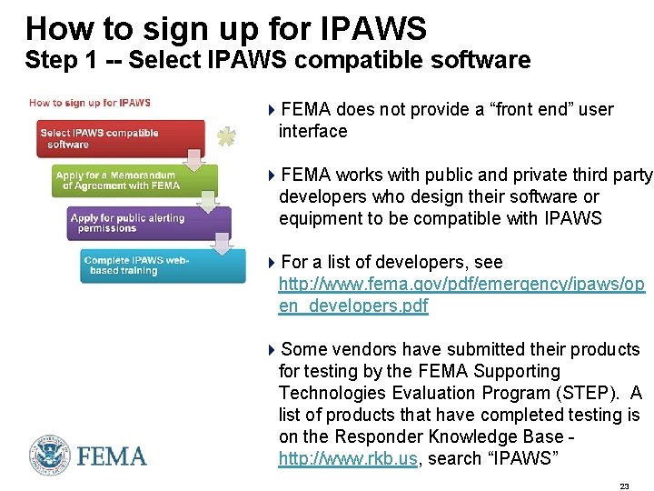 How to sign up for IPAWS Step 1 -- Select IPAWS compatible software *