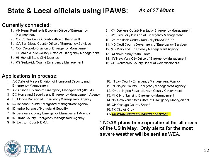 State & Local officials using IPAWS: As of 27 March Currently connected: 8. KY