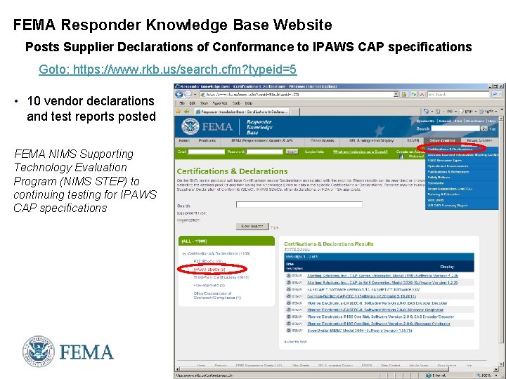 FEMA Responder Knowledge Base Website Posts Supplier Declarations of Conformance to IPAWS CAP specifications