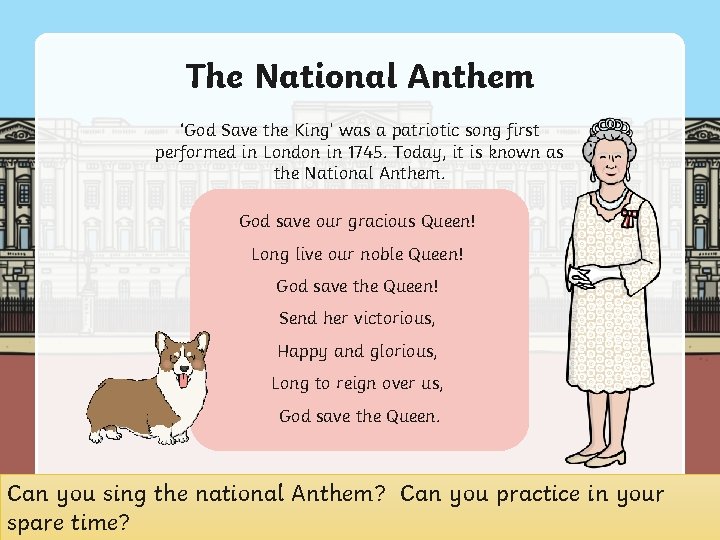 The National Anthem ‘God Save the King’ was a patriotic song first performed in